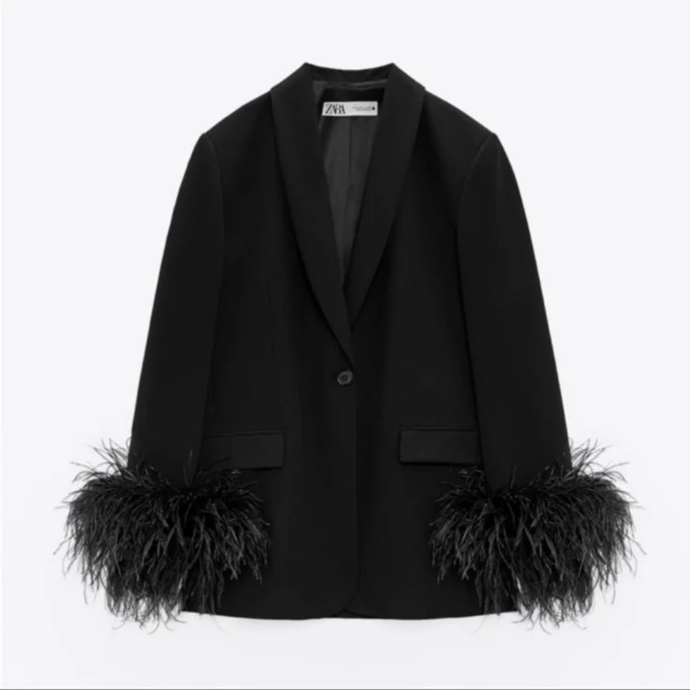 Feather Trim Blazer Black